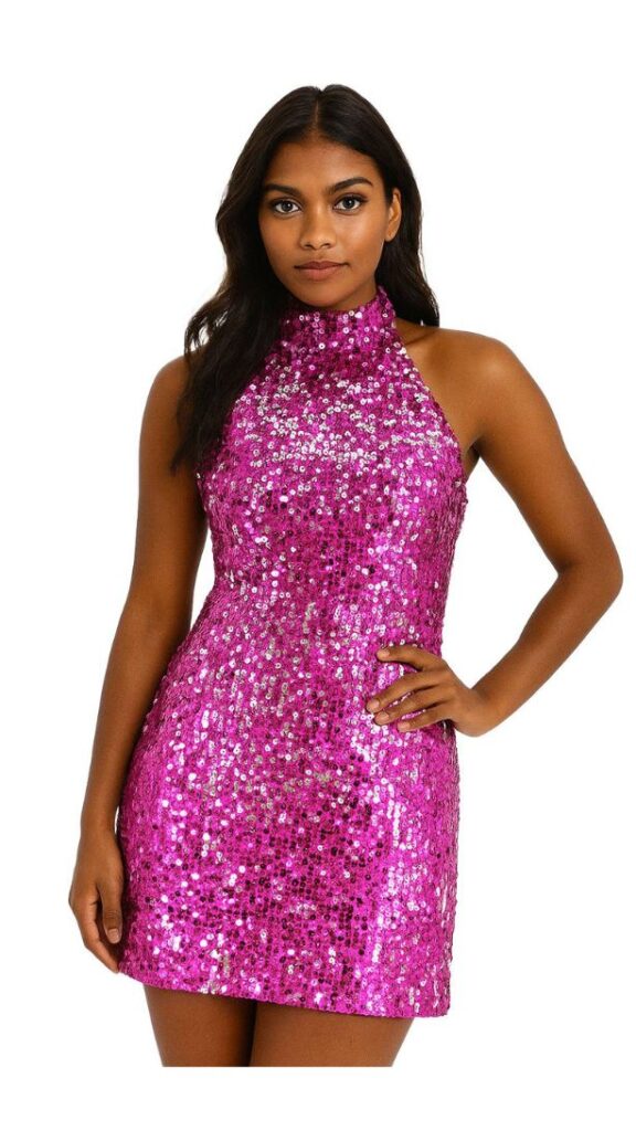 Short sequin fabric dress in Duality fuchsia and silver sequins with a Chinese collar
