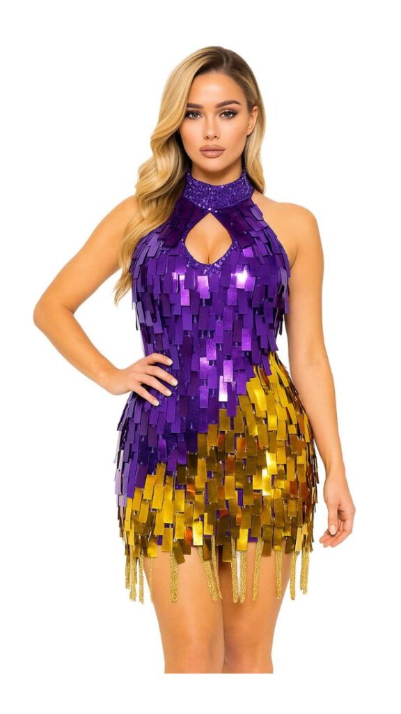 Handmade Short Metallic Sequins Dress In Purple and Gold with Jagged Beaded Hemline