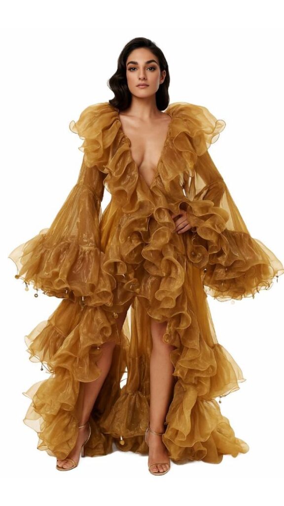 Long Organza Ruffle Coat with Oversized Sleeves and Highlight Sequins in Gold