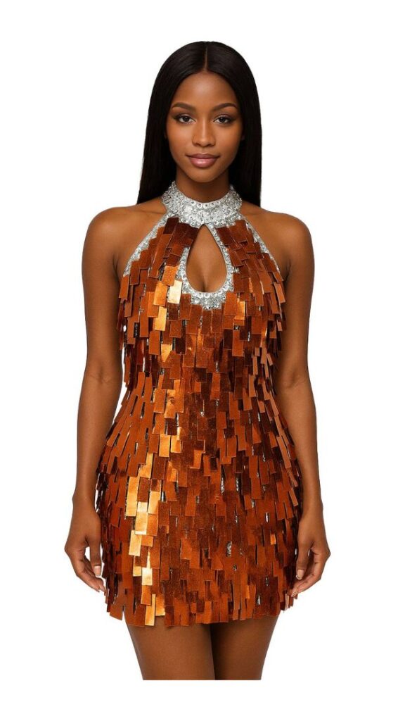 Handmade Short Metallic Copper Sequins with Keyhole Chinese Collar Dress