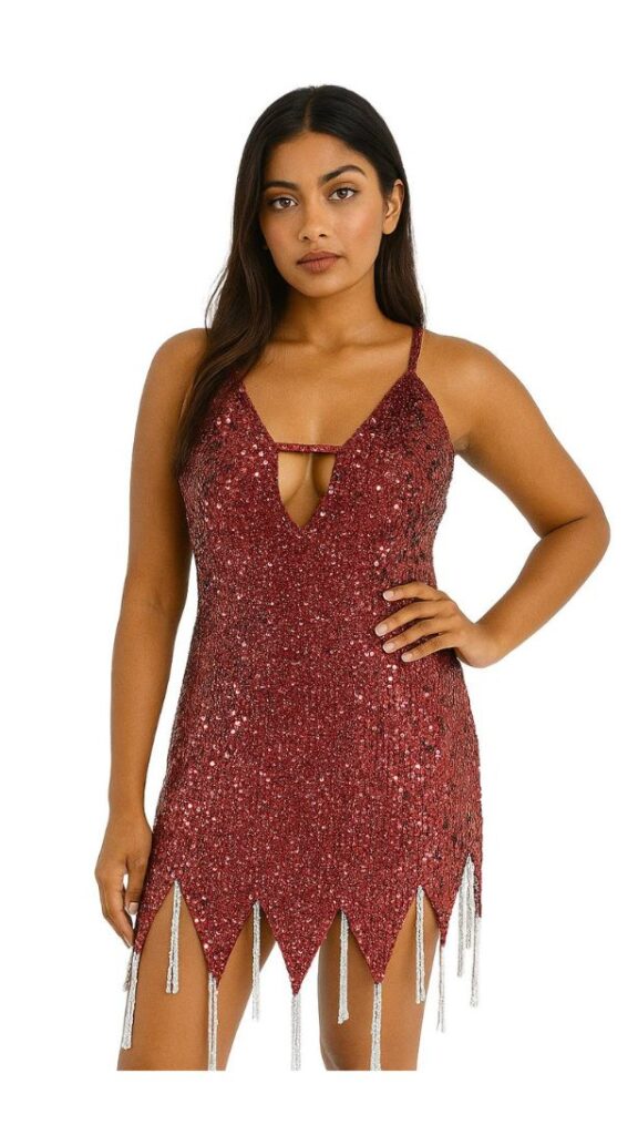 Short handmade sequin dress in 8mm cupped red metallic red sequins with silver faceted beads
