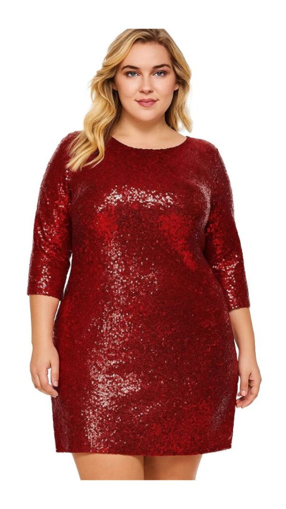 Short Red Sequin Fabric Dress With Long Sleeves