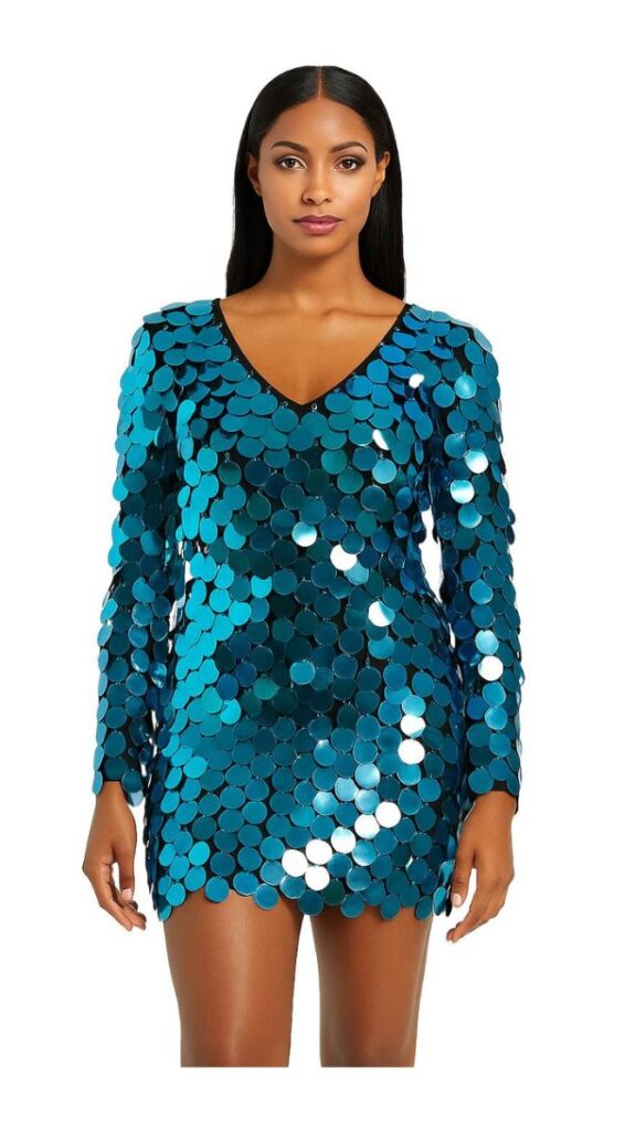 Handmade Short 30MM Metallic Turquoises Sequins with Long Bell Sleeves with Black Background Fabric