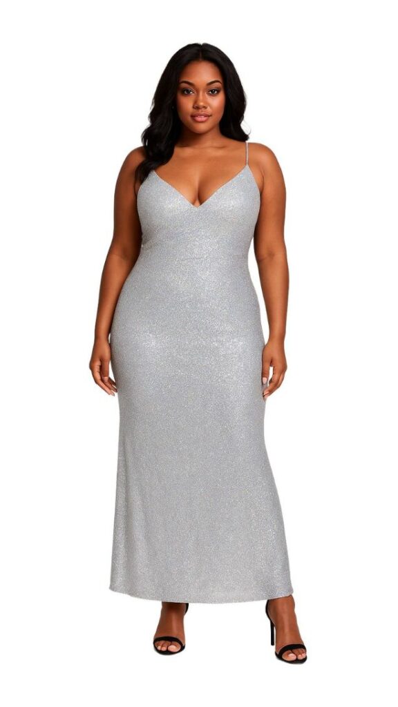 Long Silver Sequins Fabric Dress with V-Neck