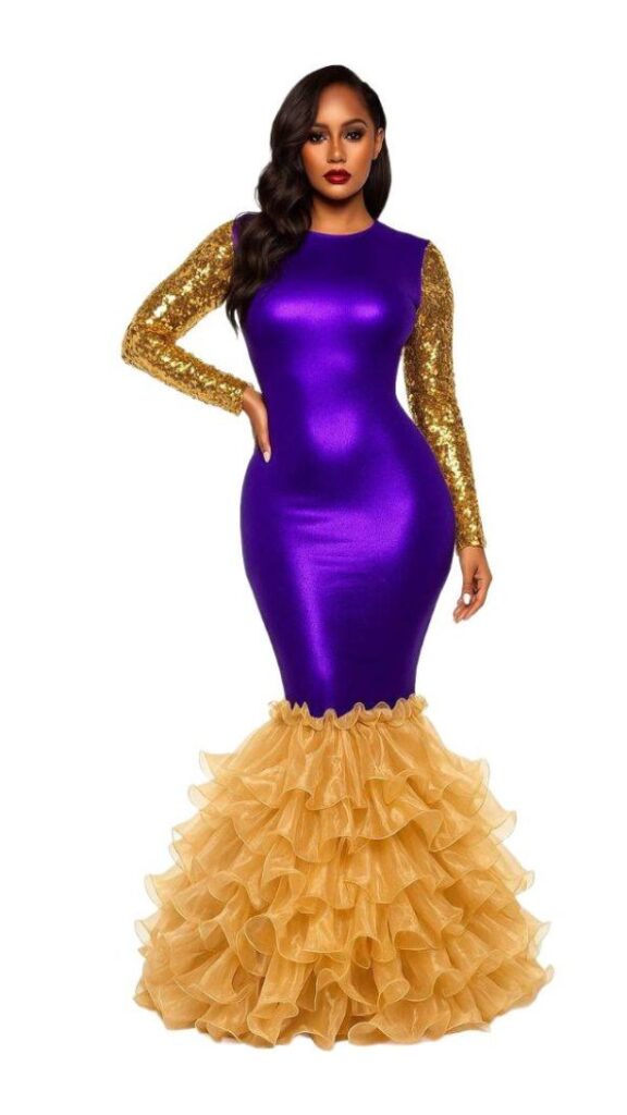Long Oversized sleeve gown in metallic gold sequin fabric and purple stretch fabric with beige organza ruffles hemline