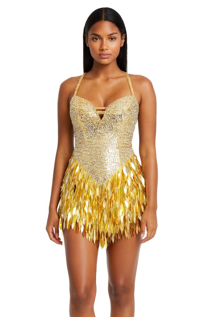 Short handmade sequin dress, with 10mm flat gold sequins with faceted silver beads