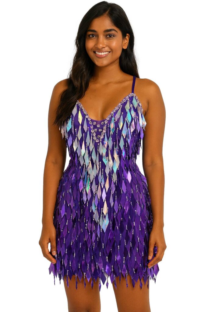 Short handmade sequin dress with diamond-shaped metallic silver and purple sequins