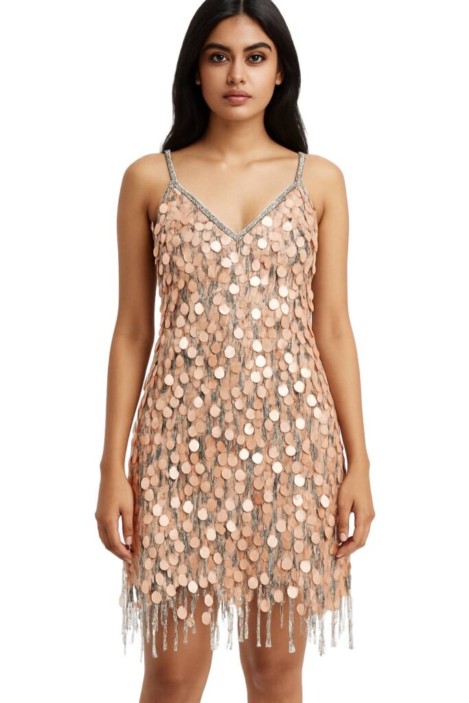 Short handmade sequin dress, in 20mm iridescent peach paillette sequins with silver faceted beads