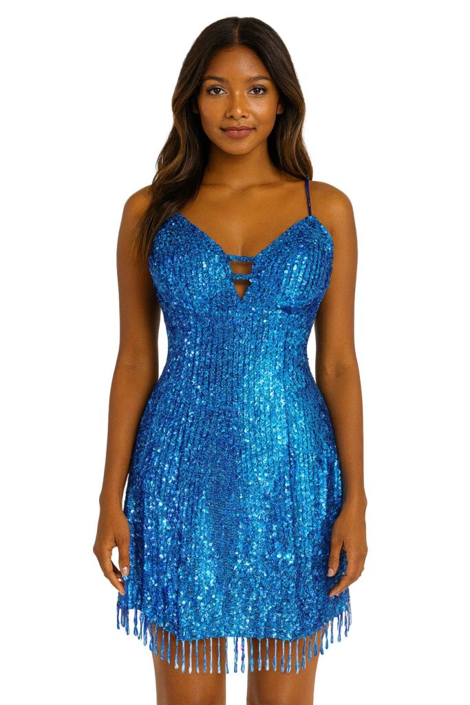 Short handmade sequin dress, in 8mm cupped hologram blue sequins