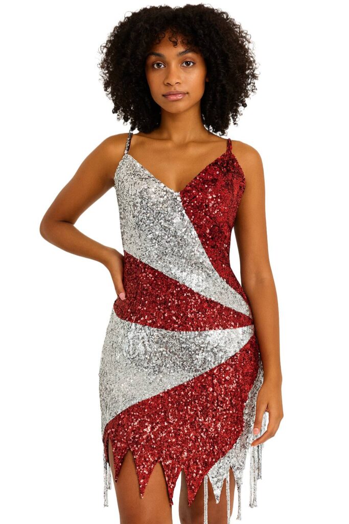 Short handmade sequin dress in 8mm cupped metallic red and silver with silver faceted beads