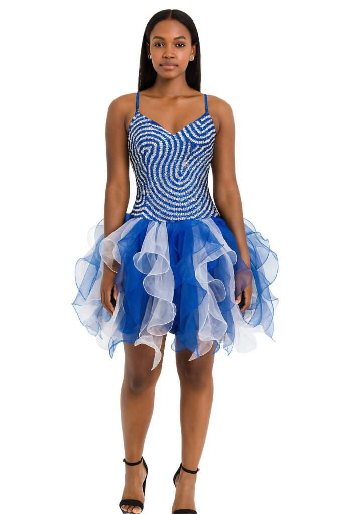 Handmade Short Blue & Silver Sequin Dress with Organza Ruffle Skirt