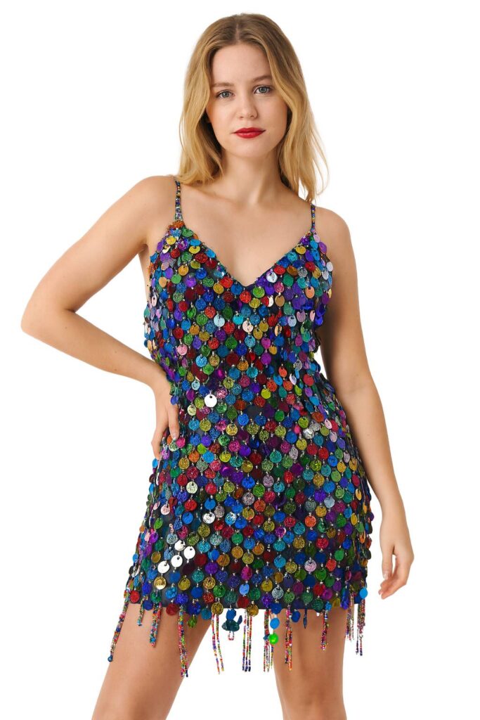 Handmade Hologram Multi-Colour Sequin Short Dress with Jagged Beaded Hemline