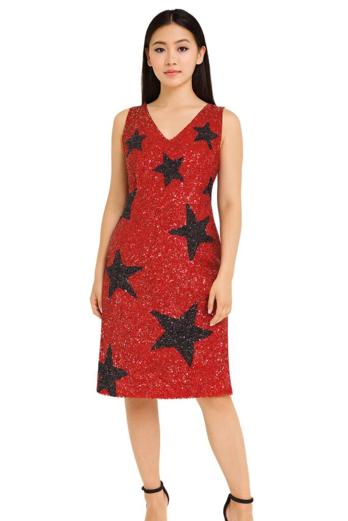 Short Handmade Patterned Red and Black Star Pattern Sequin Dress In Metallic and Hologram Sequins