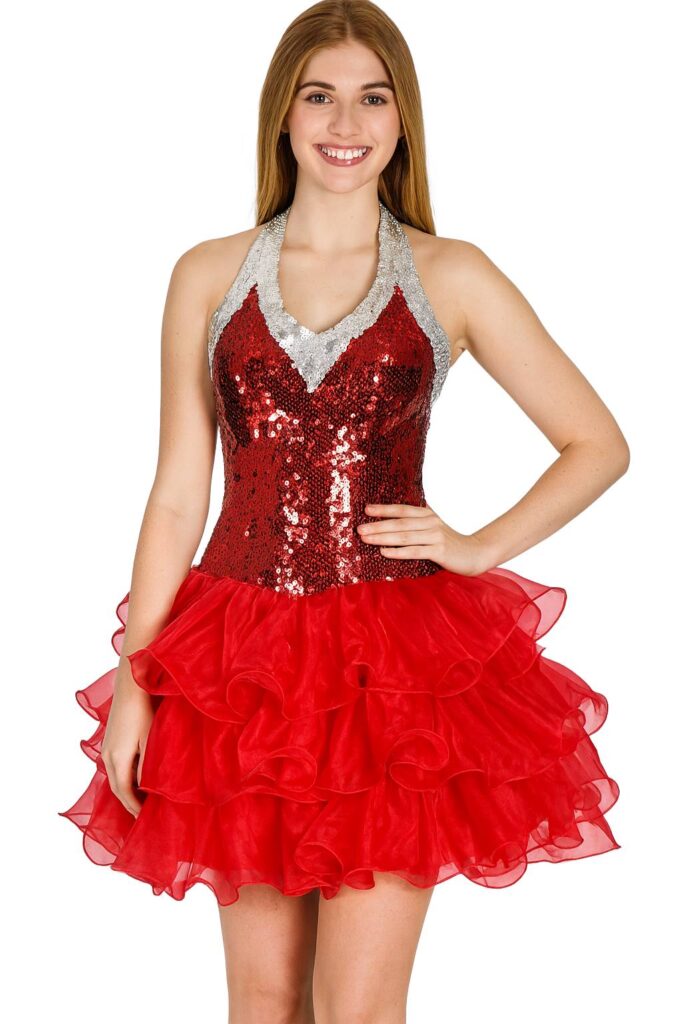 Handmade Short Red and Silver Sequin Dress with Organza Ruffle Skirt