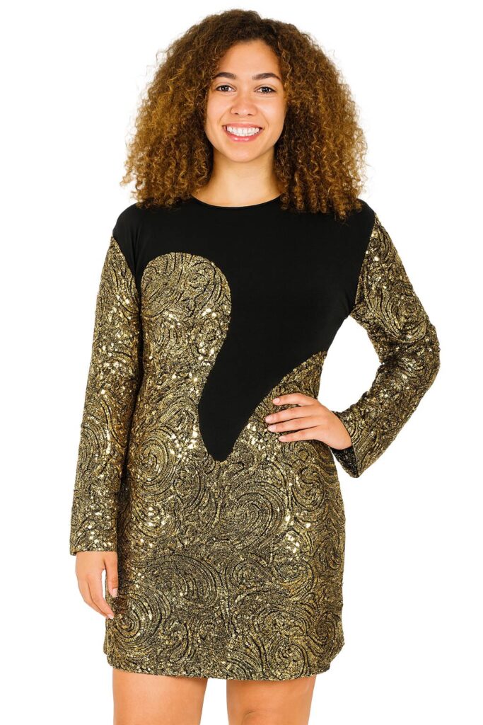 Short Gold Baroque Sequin Fabric with Black Fabric Dress