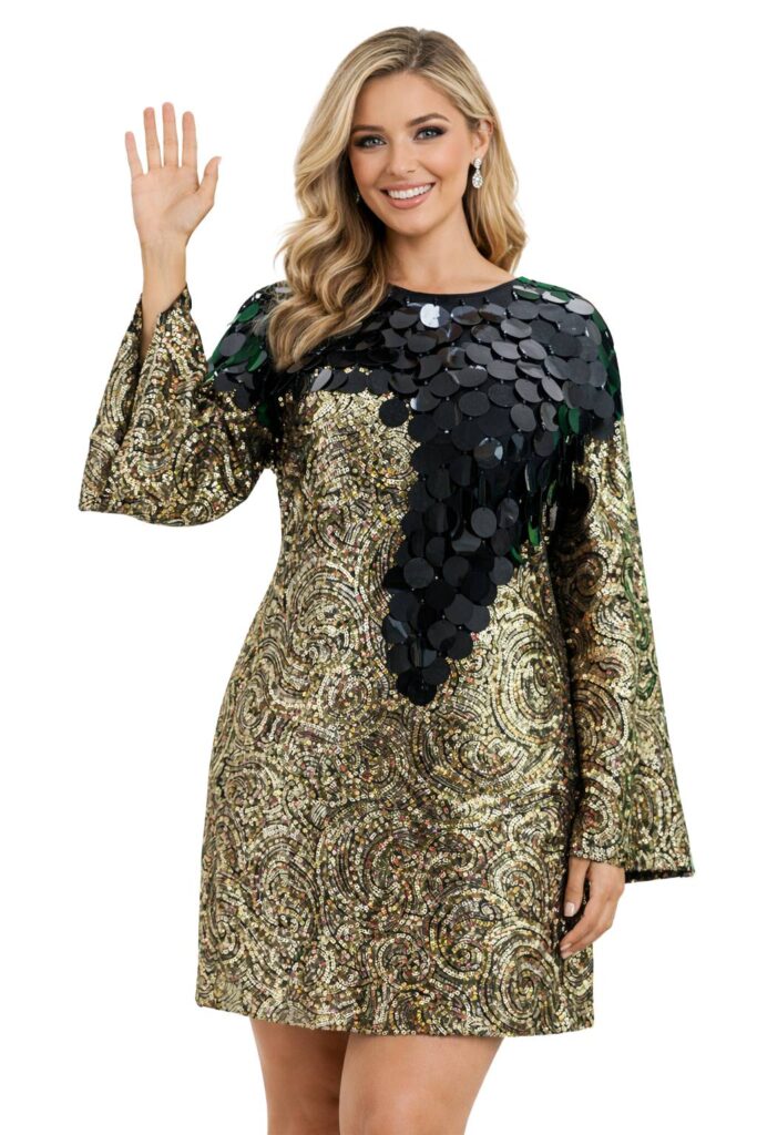 Short Baroque Gold Sequin Fabric Dress with Black Jumbo Sequins