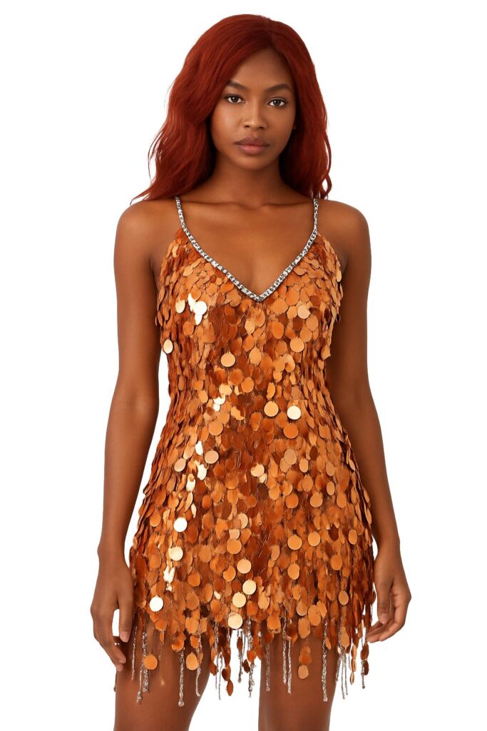Short Handmade Sequin Dress, In 20 mm Copper Paillette Sequins With Silver Faceted Beads