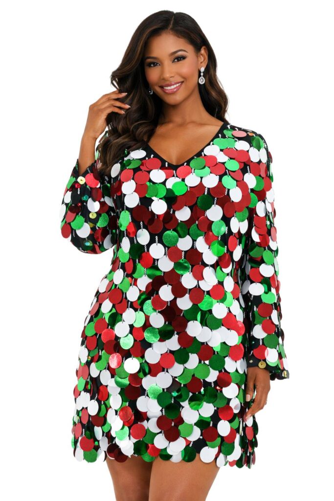 Handmade Short Dress In Green Silver and Red Metallic Jumbo Sequins