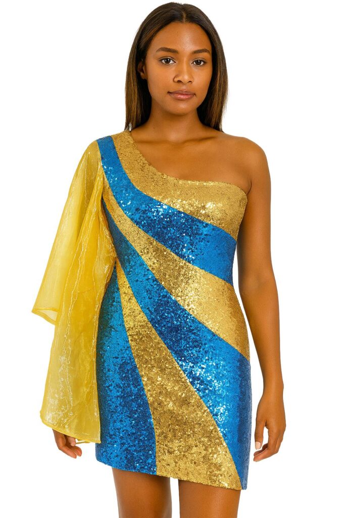 Short Turquoise And Gold Sequin Fabric Dress With One Shoulder Gold Ruffle Sleeve