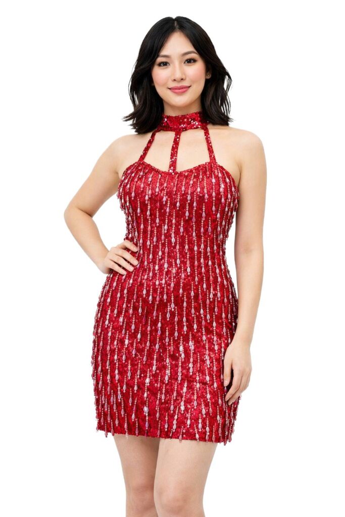 Handmade Short Dress In Pink Sequin Fabric with Hanging Beads