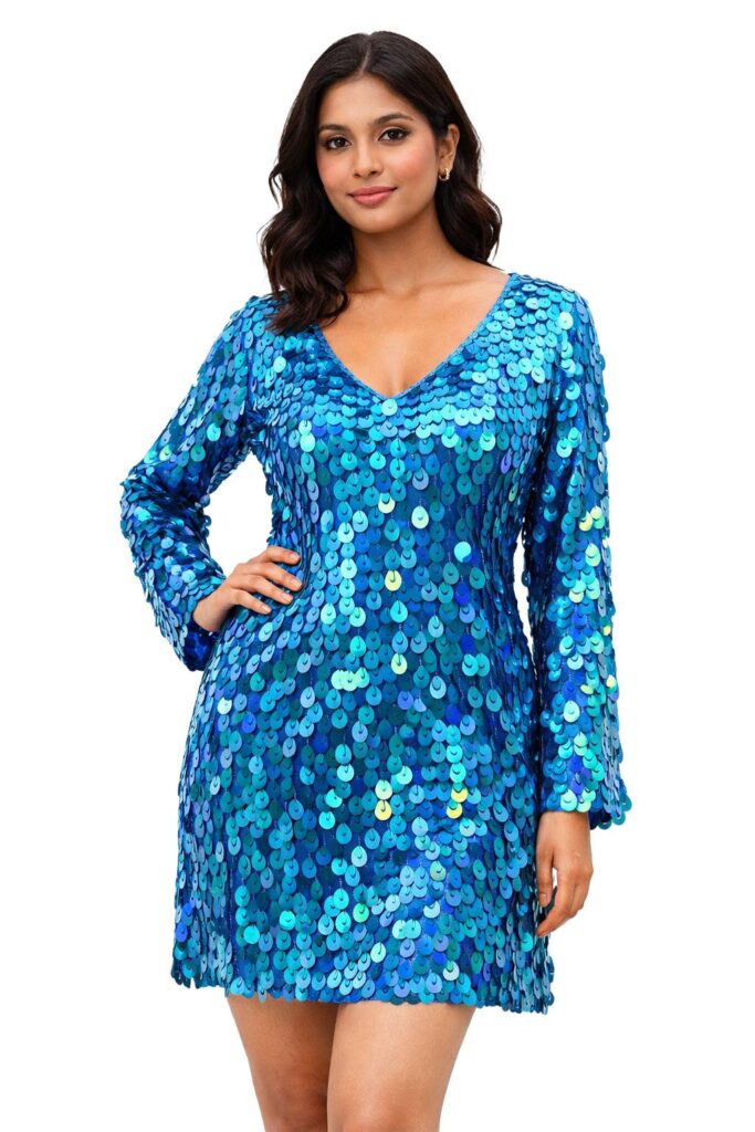 Handmade Short Dress In Turquoise Blue Cutout Hanging Iridescent Sequins