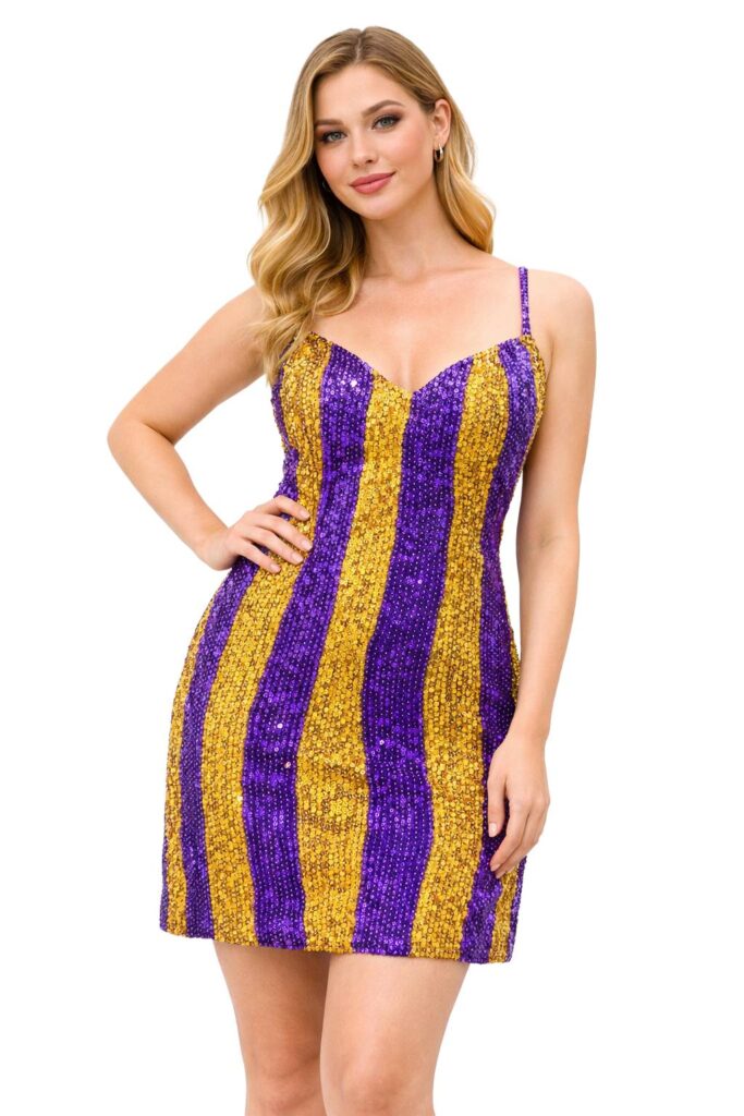 Handmade Short Dress In 8mm Gold and Purple Metallic Sequins Pattern Dress