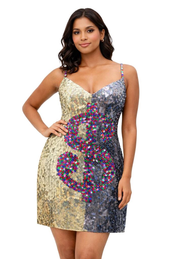 Handmade Short Dress In 8mm Gold and Black Metallic Sequin with Multi-Color Dollar Symbol