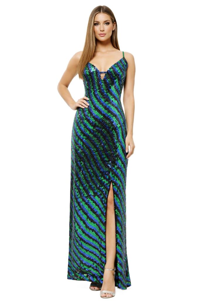 Long Handmade Dress In 10mm Green Black And Blue Sequins