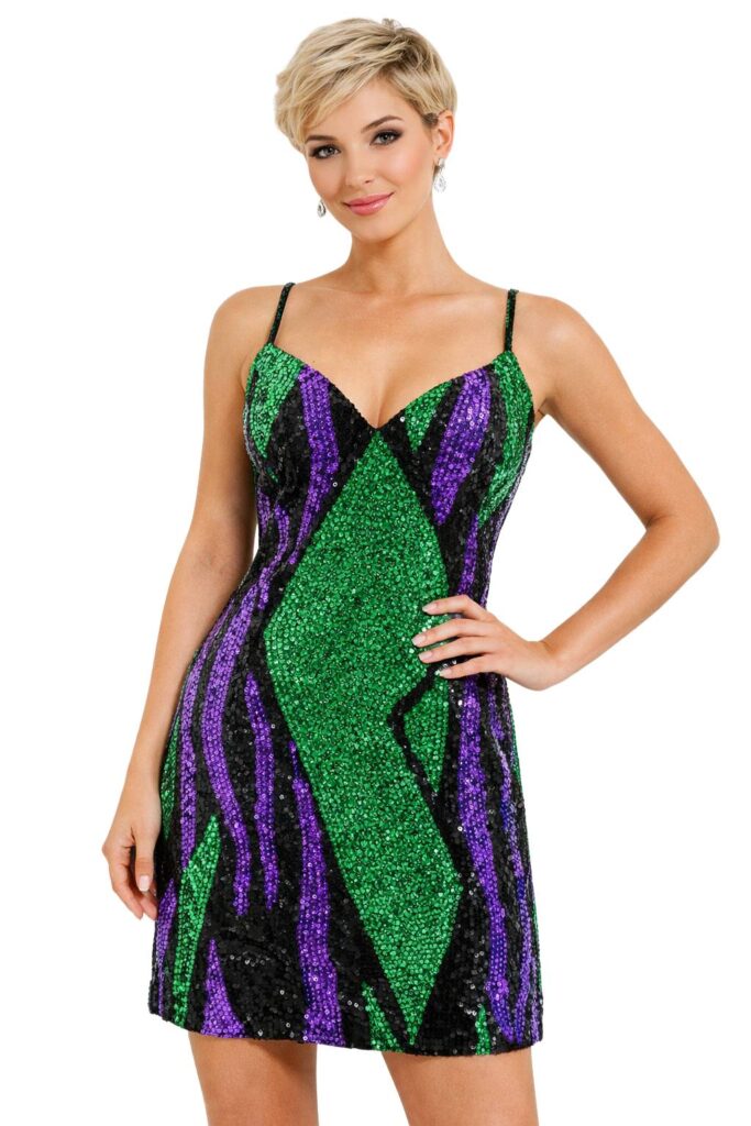 Handmade Short Dress In 8mm Black Purple And Green Metallic Sequins Pattern Dress