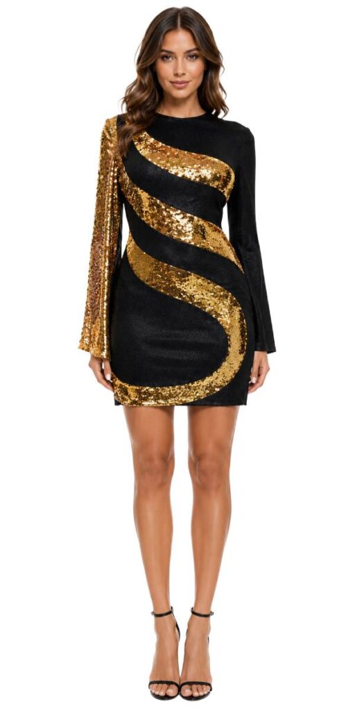 Short patterned dress in metallic gold sequin spangles fabric and stretch black fabric with oversized sleeves