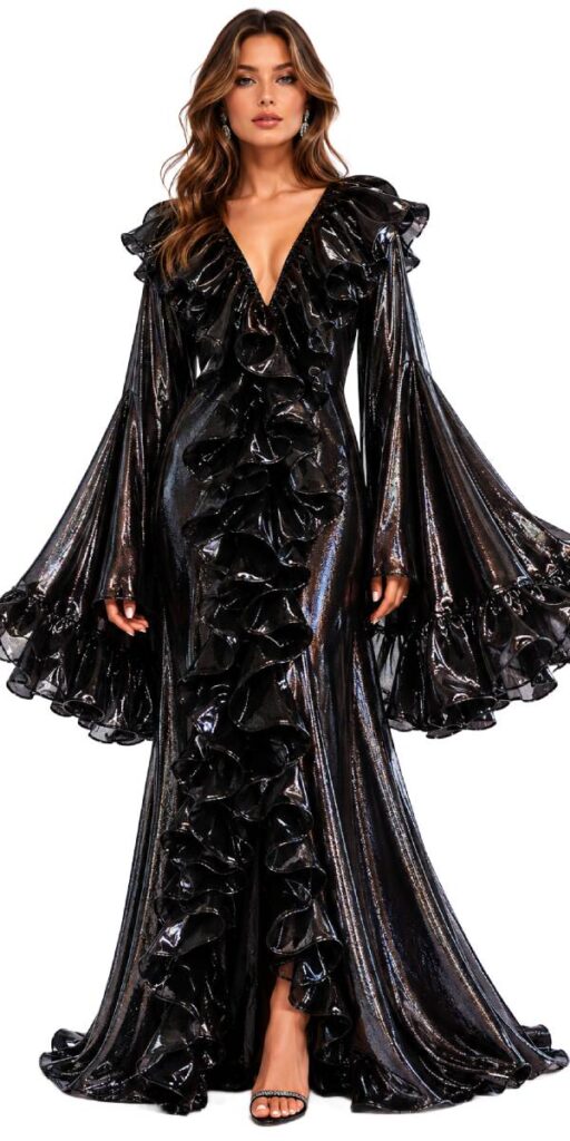 Long Sleeves Black Sequin Fabric Coat with Matching Ruffles