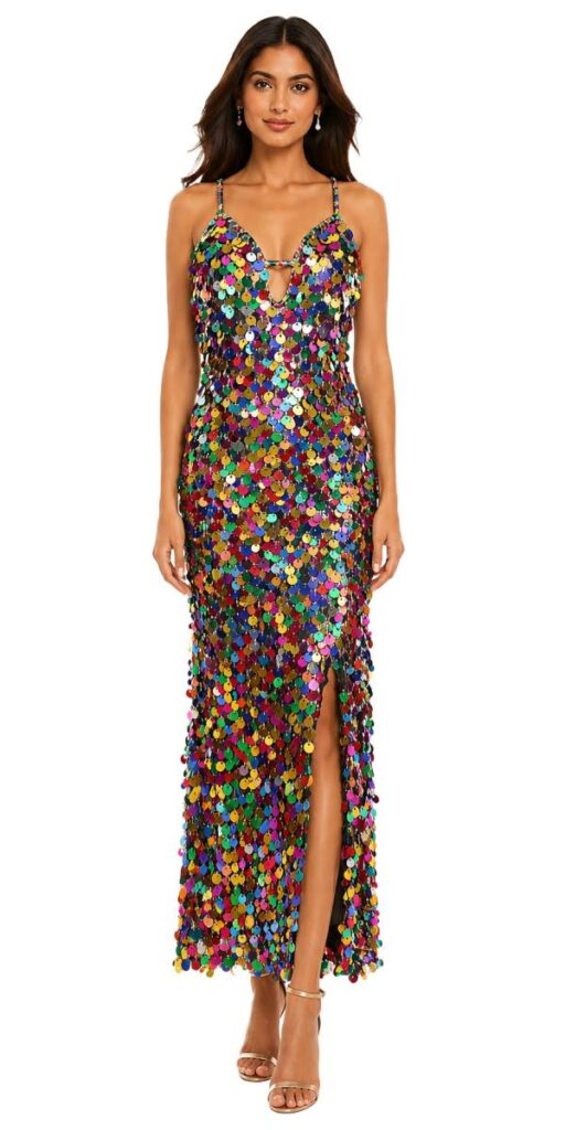 Long Handmade Metalic Multi-Colour Hanging Sequins Gown