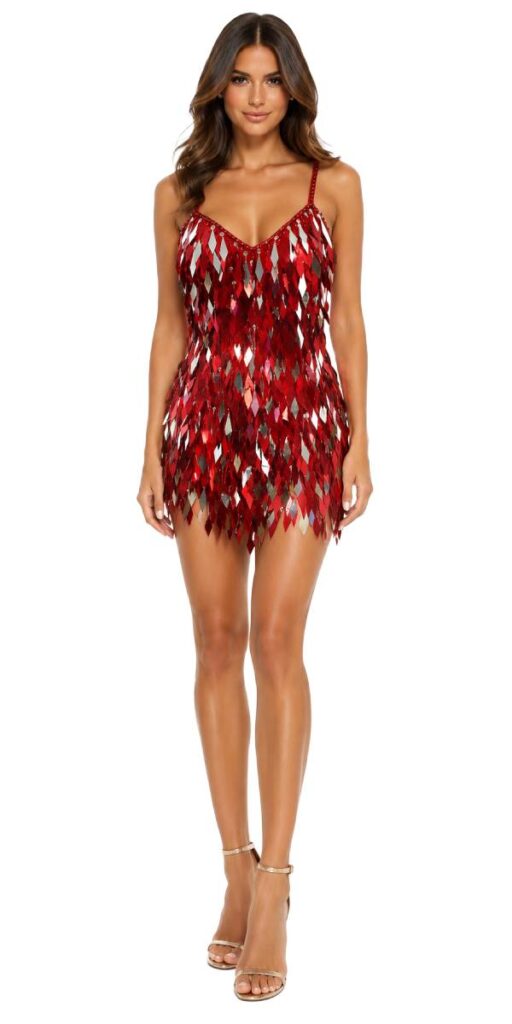 Handmade Short Metallic Diamond Shapped Sequins Dress In Red and Silver