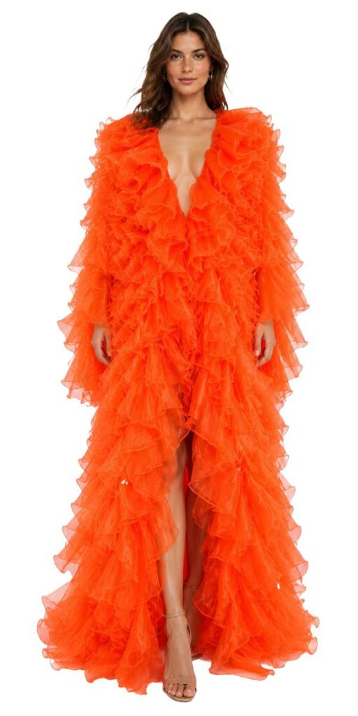 Long Orange Organza Ruffle Coat with Long Sleeves and Highlight Sequins