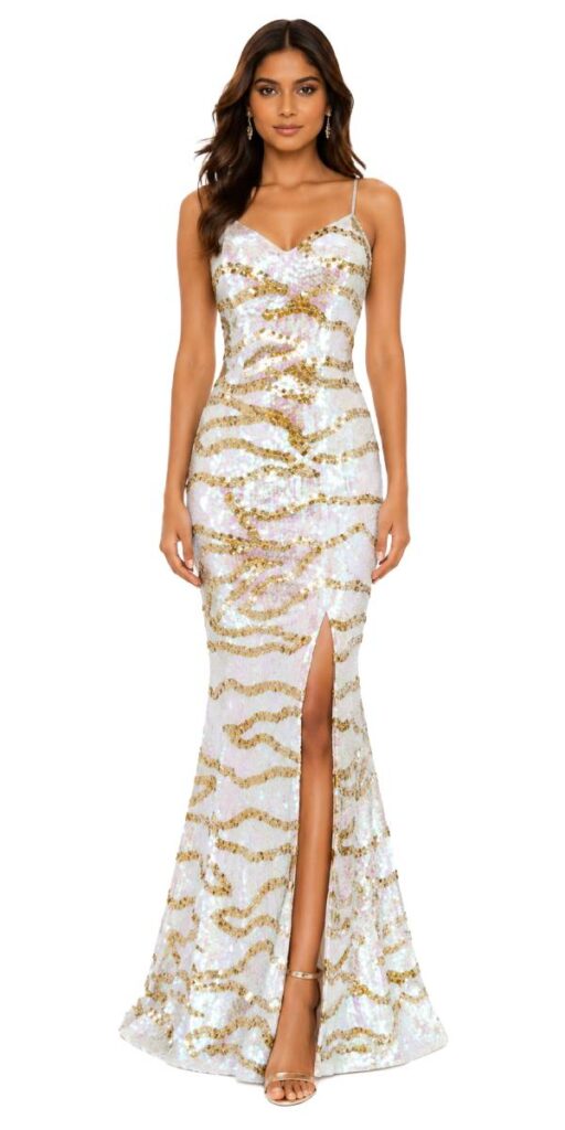 Long handmade sequin dress, in flat 10mm iridescent white sequins