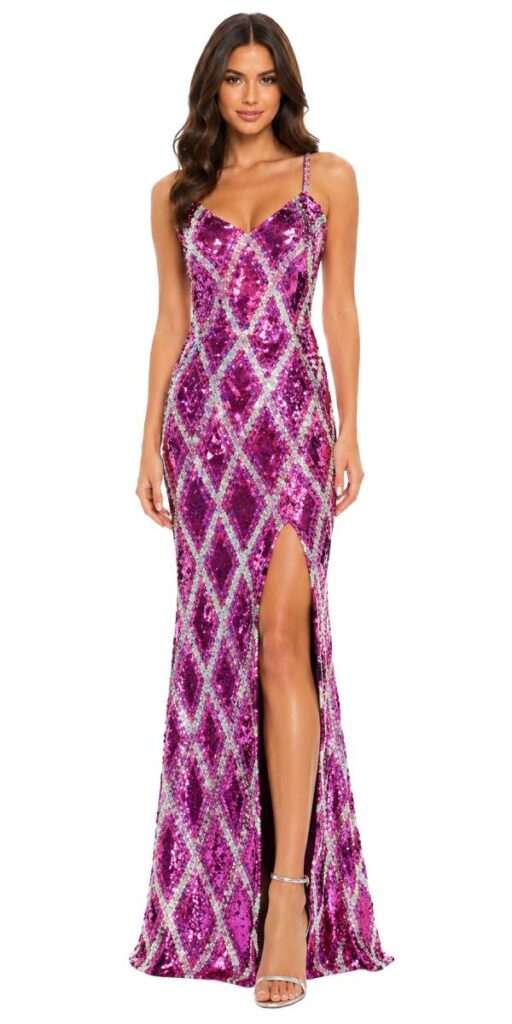 Long handmade sequin dress in flat metallic fuchsia sequins and silver sequin and pattern throughout with a classic flared hemline cut